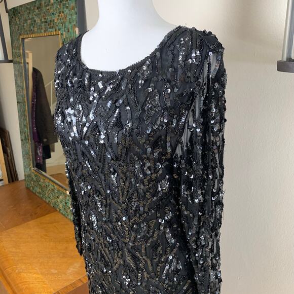 Vintage Sweet Love Black Silk Beaded Sequin Dress Sheer Sleeves L Whimsy Goth - Picture 7 of 12